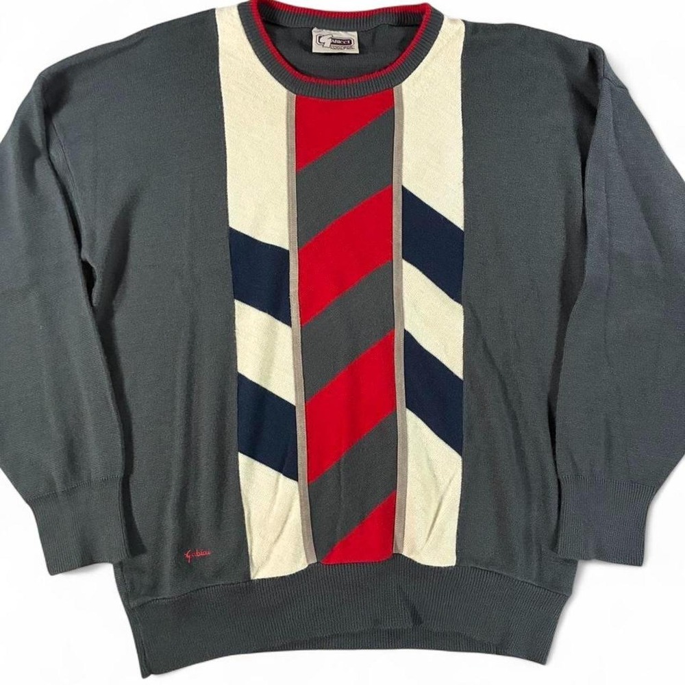 Vintage Gabicci Crewneck Sweater Suede Panel Colorblock Knit Grey Retro Mod. LG